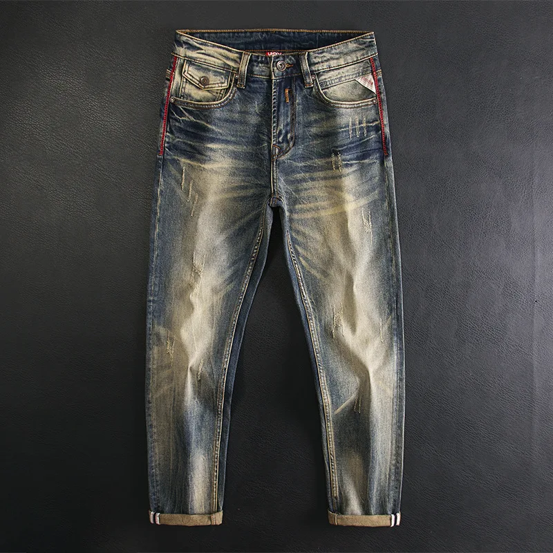 

High end jeans for men, American retro nostalgic washed slim fit, small straight tube elastic autumn and winter trendy pants