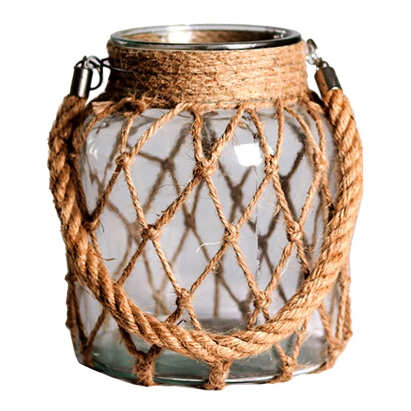 SEWS-Hydroponics Braided Rope Glass Transparent Vintage Vase Home Decor Glass Transparent Vase Jute Rope Floral Display