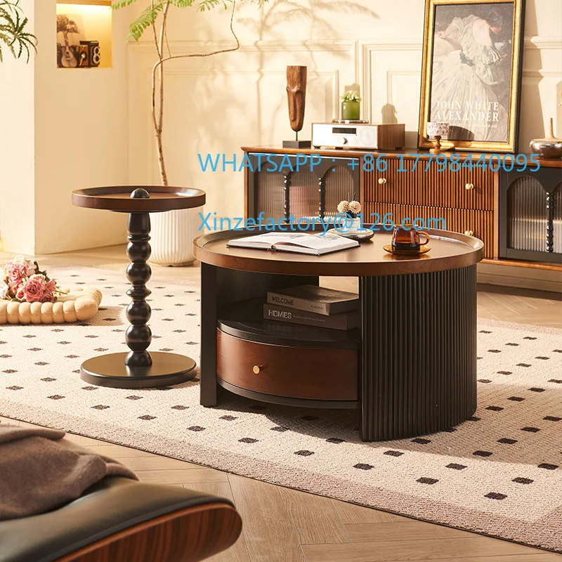 Customizable French Retro High and Low Coffee Table Side Combination Medium and Ancient Style Living Room Solid Wood Round Table