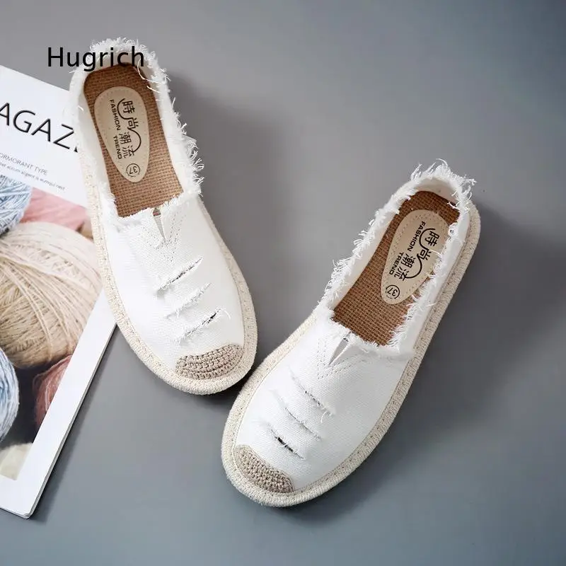 Women White Fisherman Shoes Slip On Flats Canvas Loafers Comfortable Casual for Daily Walking Travel Work