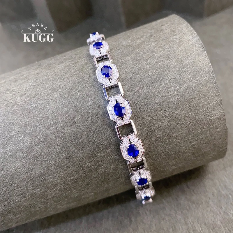 KUGG 100% 18K White Gold Bracelet Fashion Elegant Style Luxury Diamond Natural Sapphire Bracelet for Women High Party Jewelry
