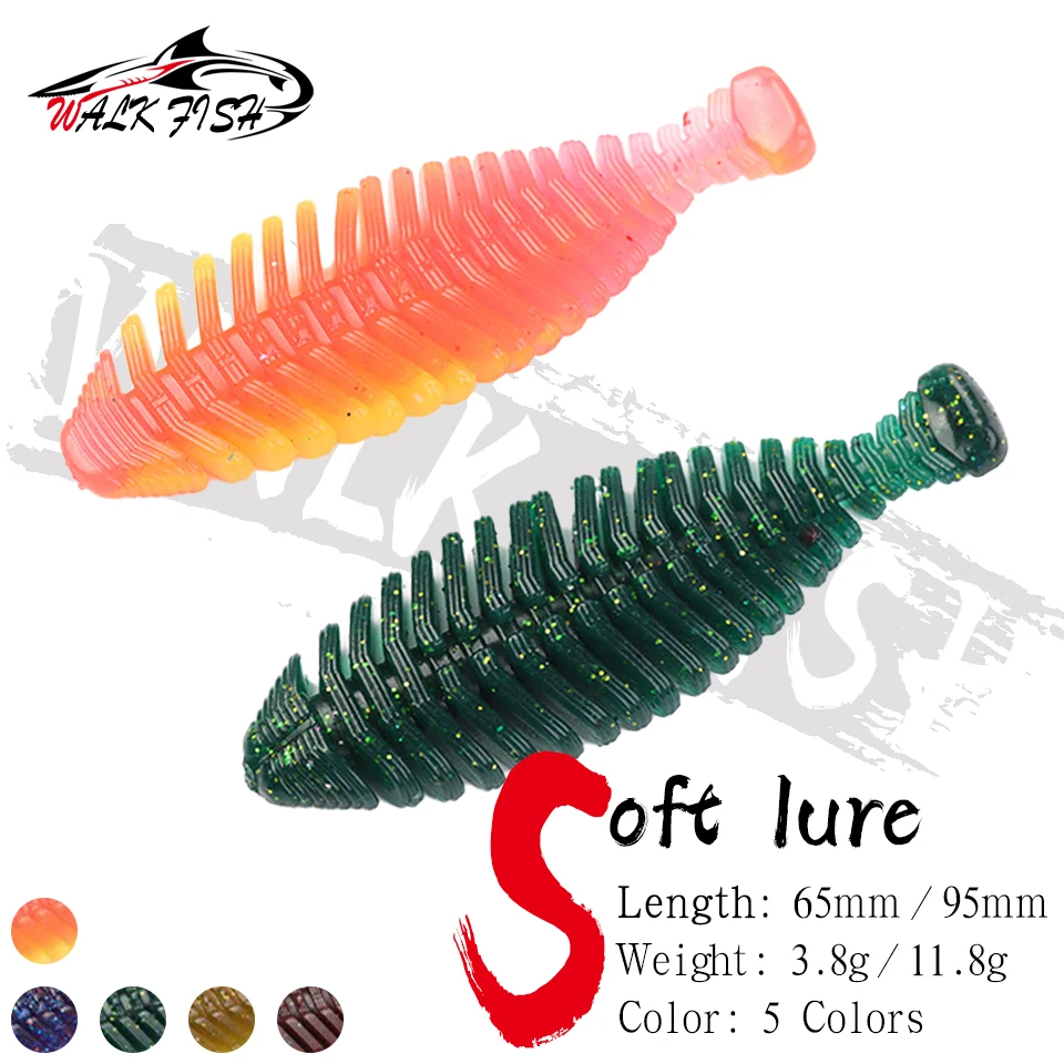 WALK FISH 4er/6er-Pack PVC-Weichköder, dick gerippter Shad-Köder, 65mm/95mm, mit Duft, fettiger T-Schwanz, künstlicher Schwimmköder für Hecht, Barsch, Forelle