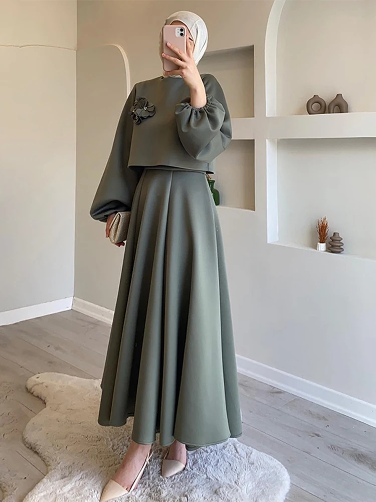 Dresses for Formal Occasions Elegant Muslim Suit Women Sets Fall 2024 Chic Two Pieces Set Solid Top and Long A-line Skirt