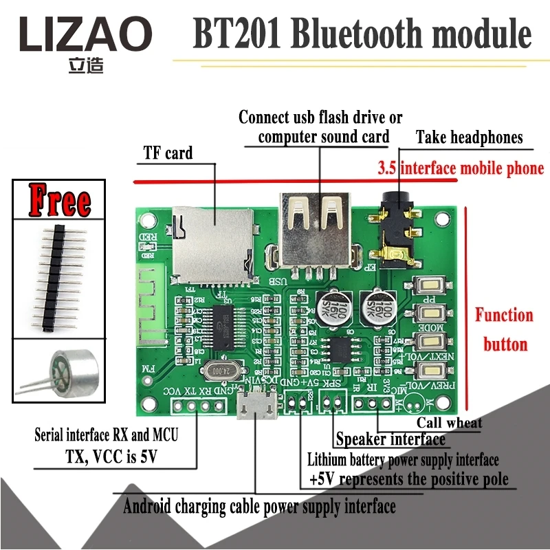 BT201 Bluetooth Audio Module, Multi-Function MP3 Player Board with TF/USB/3.5mm Interface and Call Function