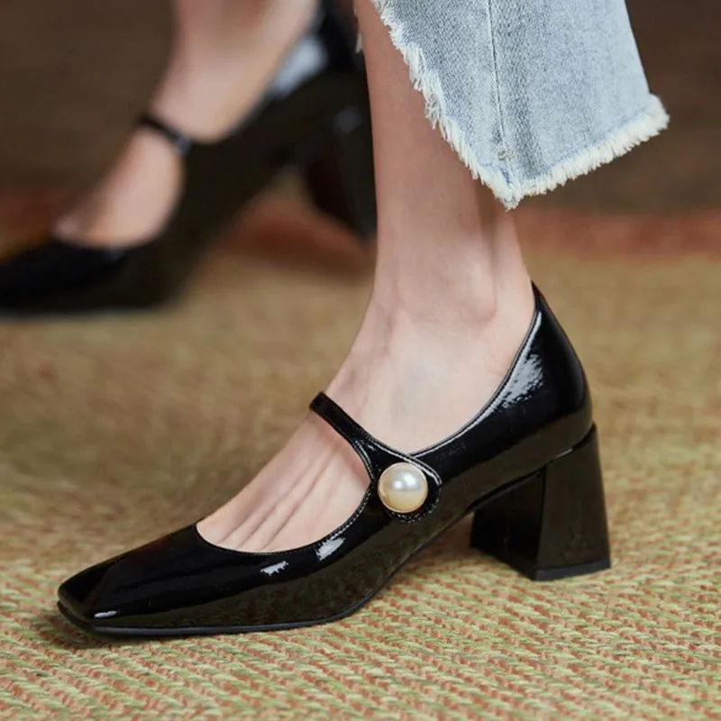 Rimocy Pearl Patent Leather High Heels Mary Janes Woman Spring 2022 Elegant Square Toe Women's Pumps Red Office Ladies Shoes