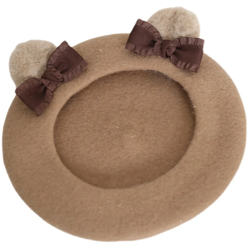 Japanese cute bear ears beret female cute girl woolen bow painter hat warm hat winter