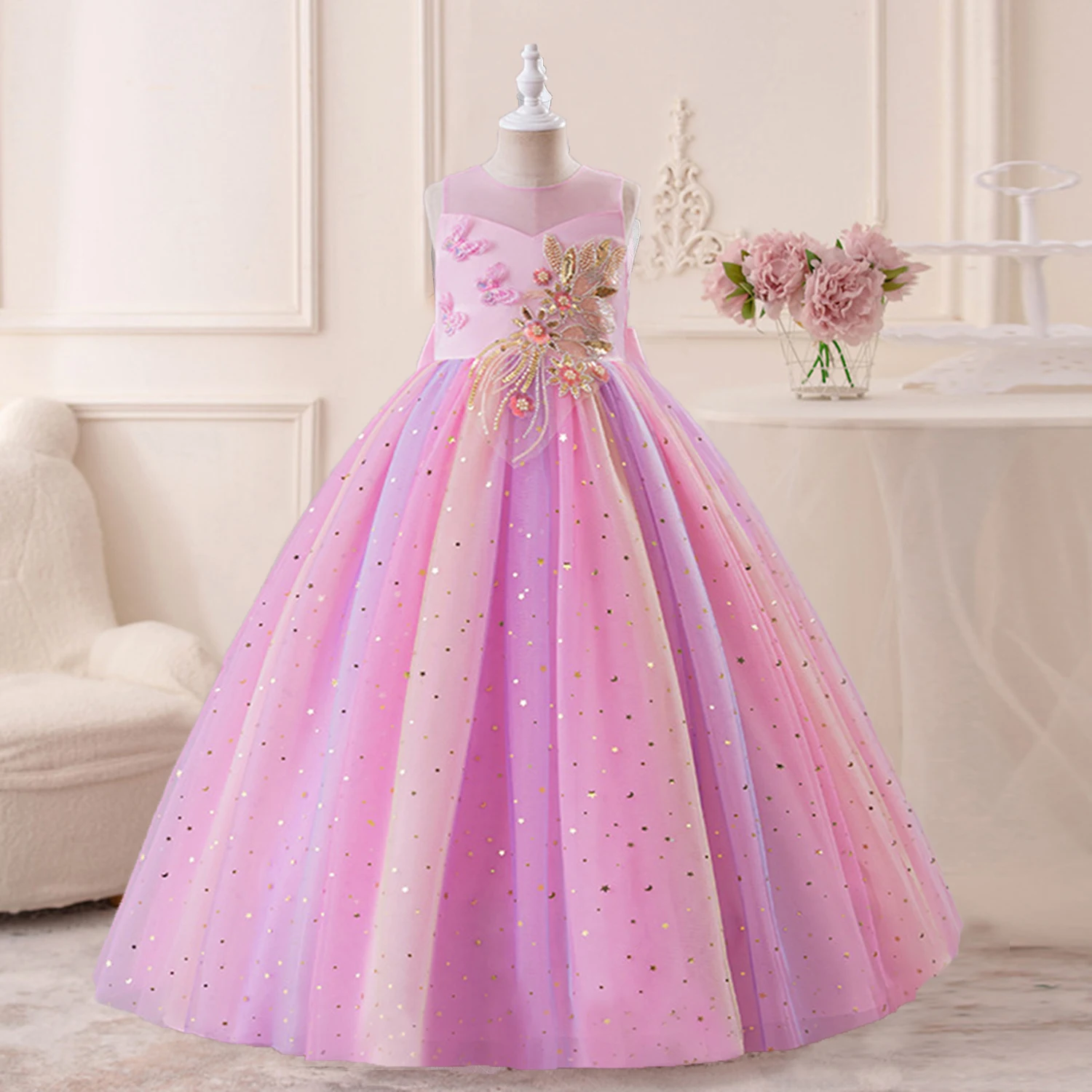 Vestido longo com flor aplicada em renda para menina, vestido formal, formal, para festa de aniversário, para meninas pequenas e grandes, ac1080