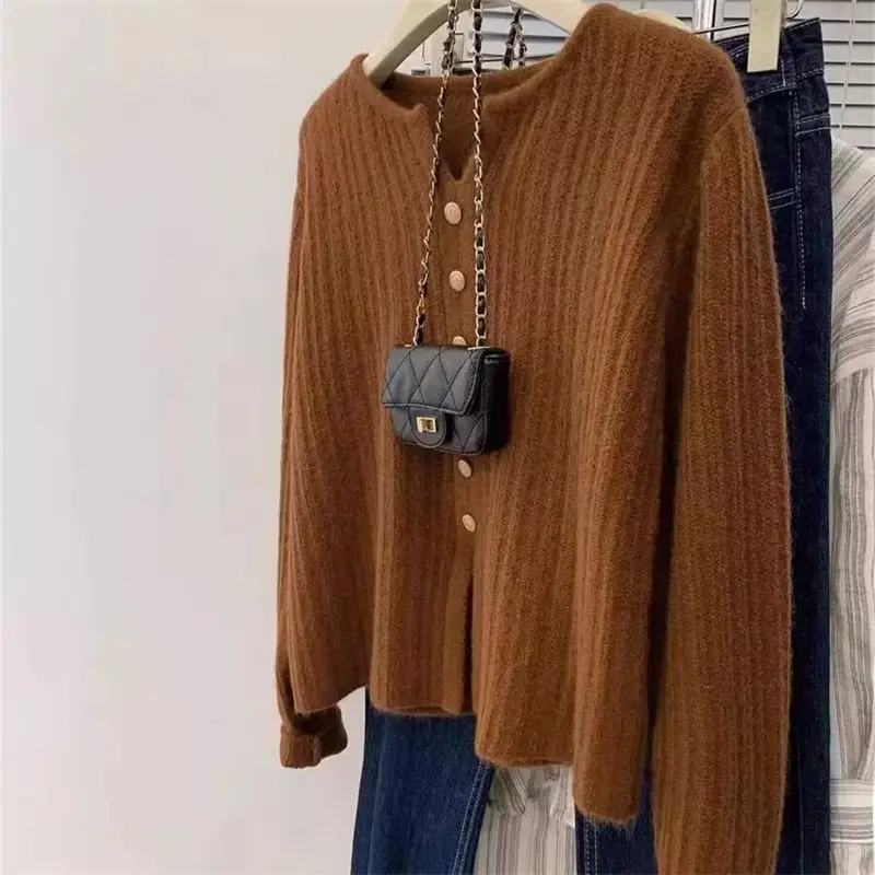 Women Autumn Korean Slim Solid Color O-neck Long Sleeve Bottoming Shirt Tops Tops Ladies Sweet All-match Knitting Cardigan Coat