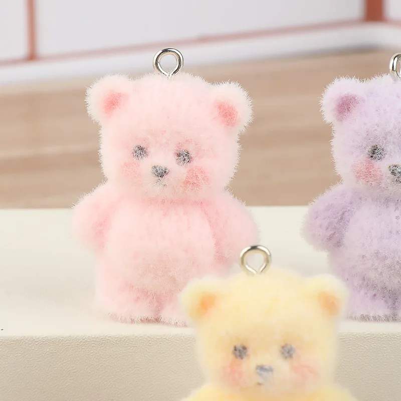 20pcs Cute 3D Flocking little bear Charms Cartoon resin animal pendant For Bag keychain DIY crafts jewelry make Accessories