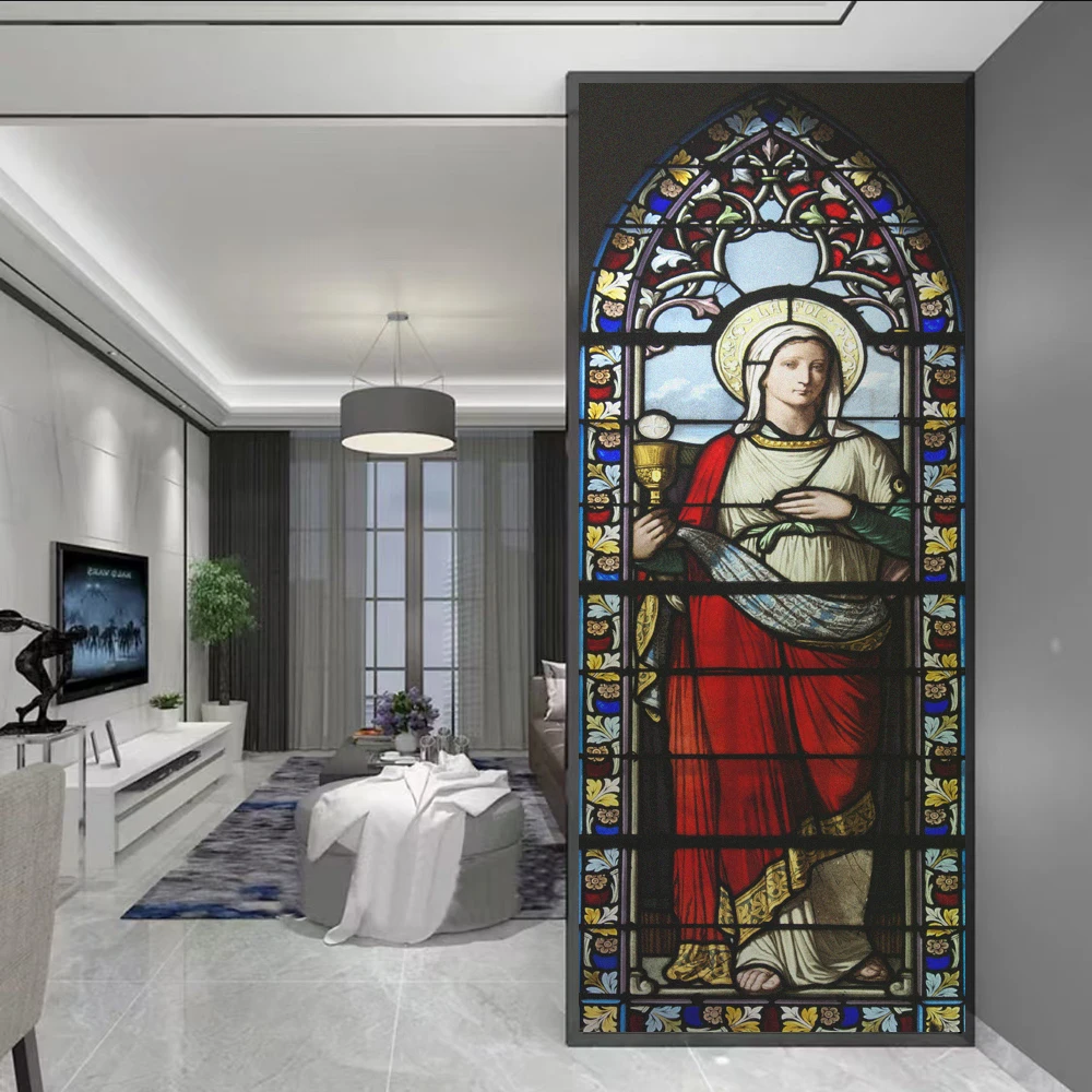 Privacy Window Film Anti-UV Heat Control Glass Static Cling Cathedral Painting Decorative Pattern Frosted Glass Sticker