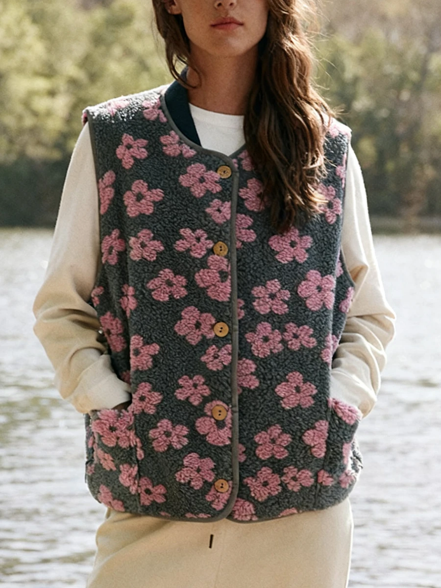 

Винтажный шикарный флисовый жилет с цветочным принтом, розовый топ с карманами и цветочным принтом, женская весенне-осенняя верхняя одежда для призвания, новые куртки