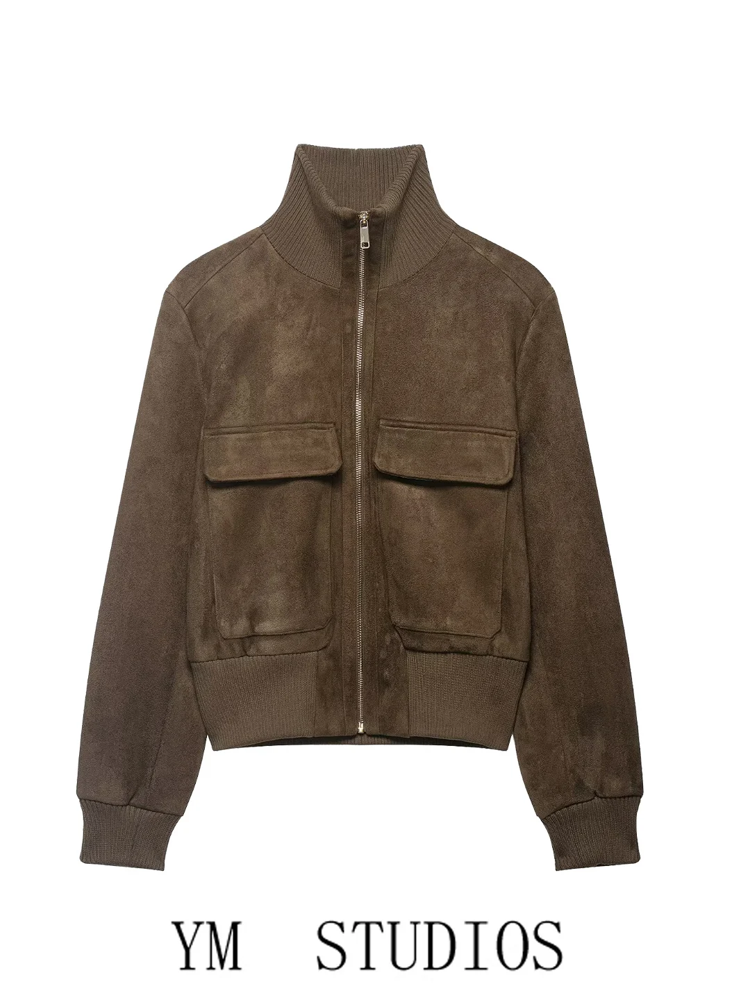 Women's Retro Ribbed Stand Collar Pilot Jacket Suede Zipper Short Casual Outerwear Polyester Fiber Long Sleeve High Waist Type