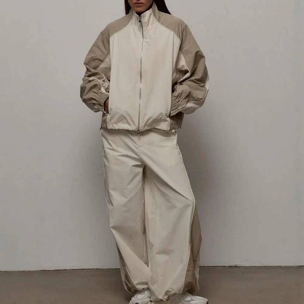 レディースカジュアルファッションコントラストドローストリングスポーツジャケット＆パンツセットヨーロッパアメリカンスタイルツーピーススーツ