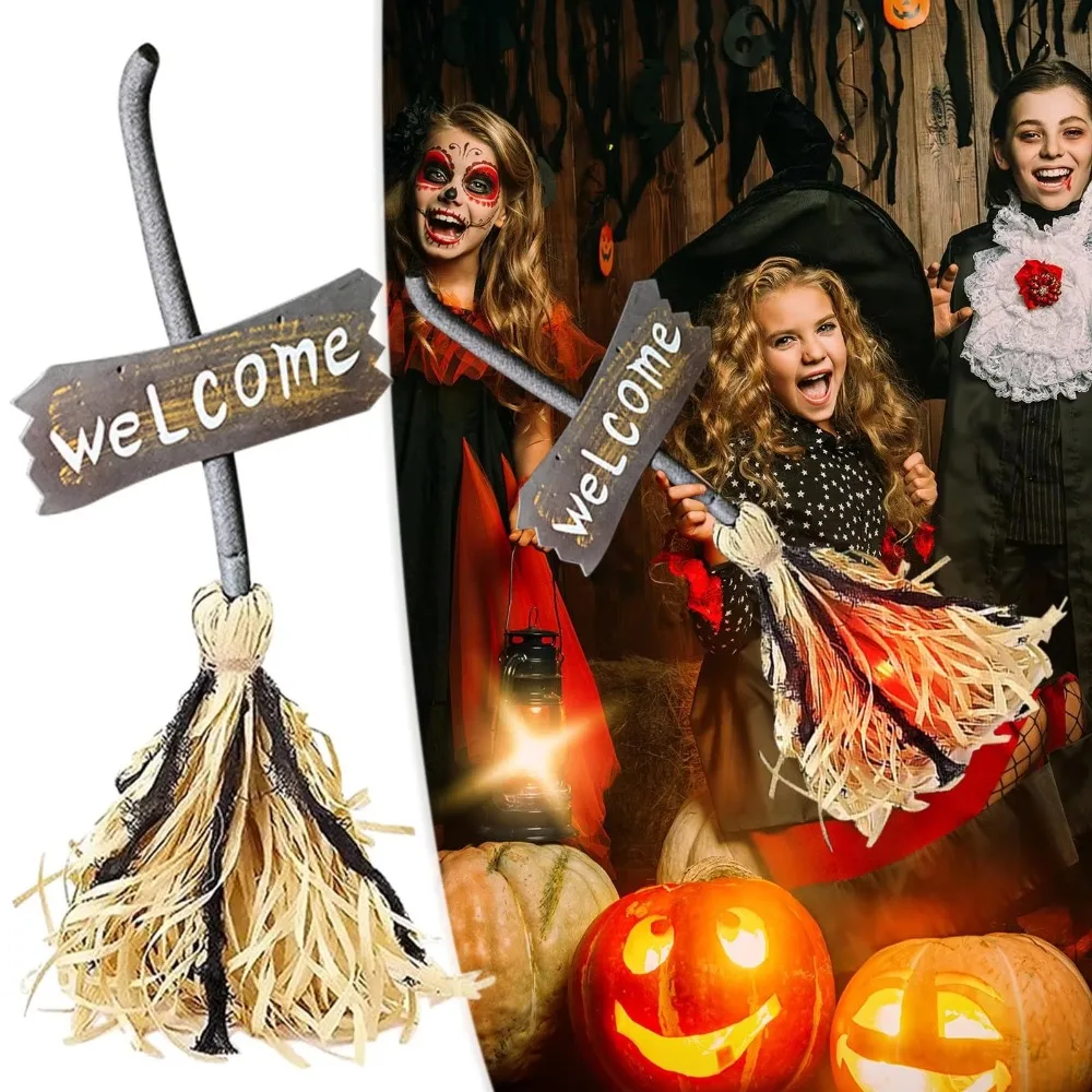 Voice-activated Halloween Witch Broom Glowing with Welcome Sign Magical Dancing Broom Movable Flexible Handle