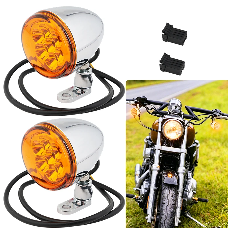 Motorcycle Chrome LED Turn Signals Amber Lens Bullet Blinker Lights for Harley Sportster 883 1200 Dyna Softail