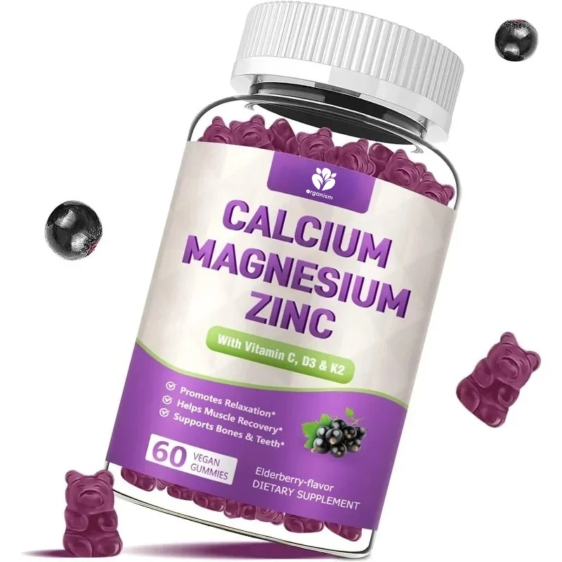 

Calcium magnesium zinc gummies containing vitamin C, D3, and K2, used for bone and muscle support, 60 capsules