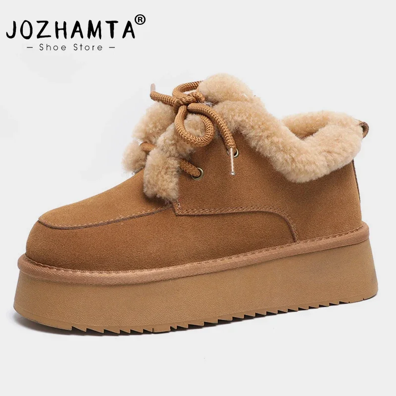 JOZHAMTA Size 35-39 Women Snow Boots Genuine Leather Heels Shoes For Women Winter Cross Strap Boots Wool Boots Casual Footwear