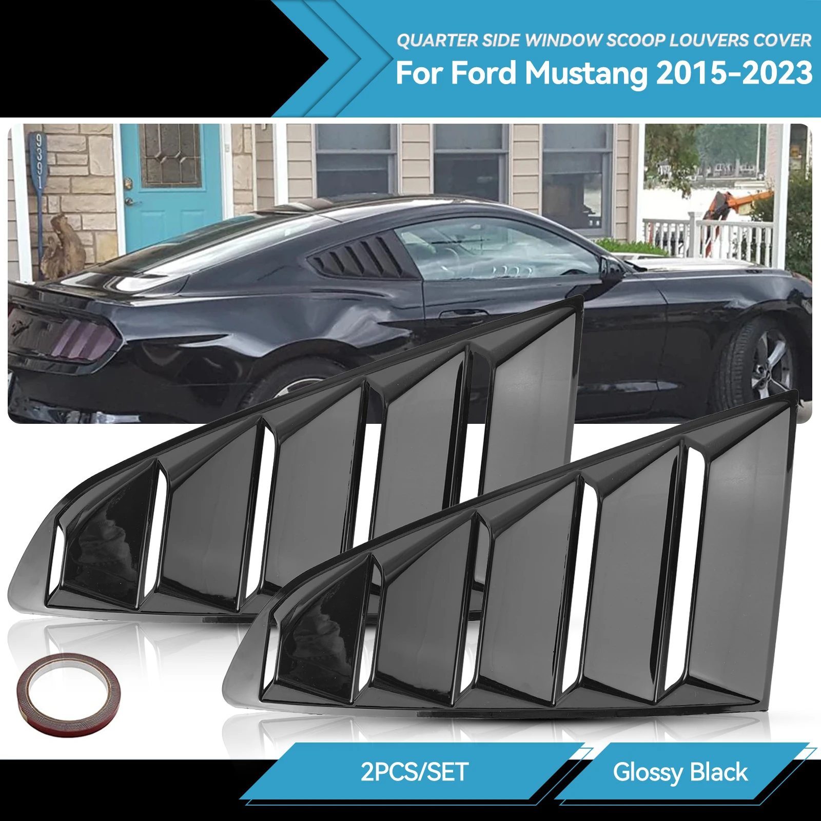 2pcs 1/4 Quarter Side ABS Deflector Gloss Black Rear Auto Vent Window Scoop Louver Cover Trim Sticker For Ford Mustang 2015-2023