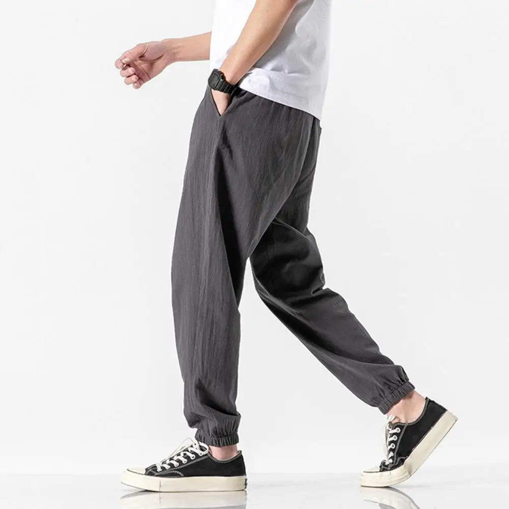 Reinforced Pocket Seams Trousers Men Casual Trousers Retro Men's Ninth Pants with Side Pockets Elastic Waist Drawstring for Gym