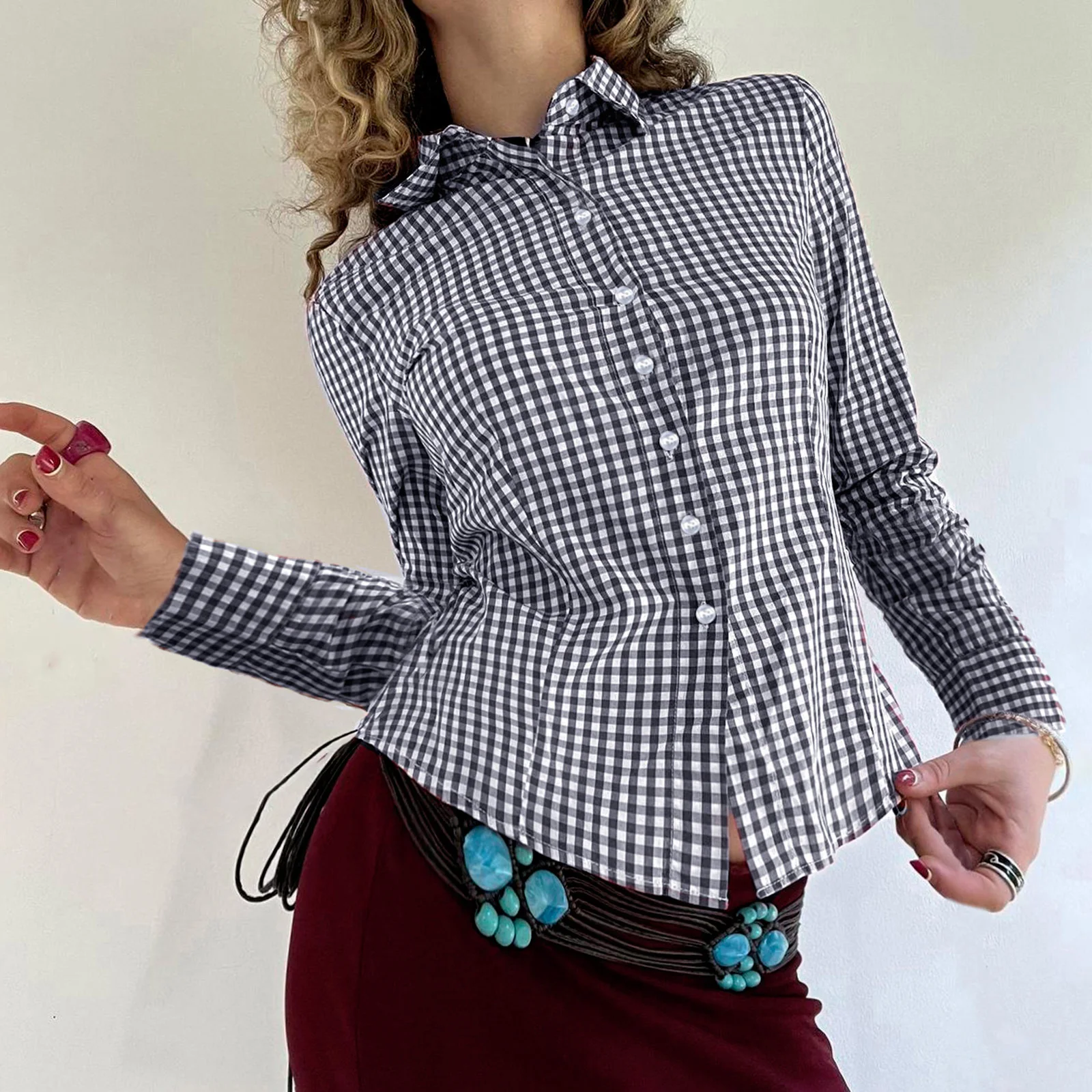 قمصان نسائية ذات ياقة مطبوعة منقوشة عصرية بأكمام طويلة وأزرار سفلية بقصة ضيقة لربيع وخريف ملابس الشارع