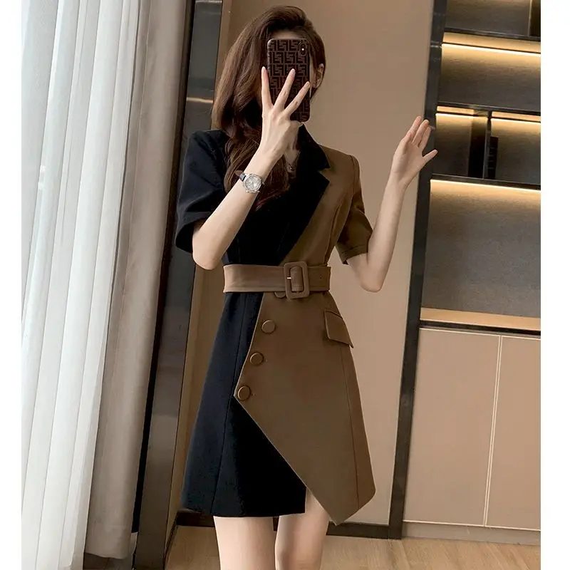 Summer Fashion Short Sleeve Blazer Dresses Women 2024 New French Suit Dress Womens Niche Design Mini Skirts Splicing Belt Dress