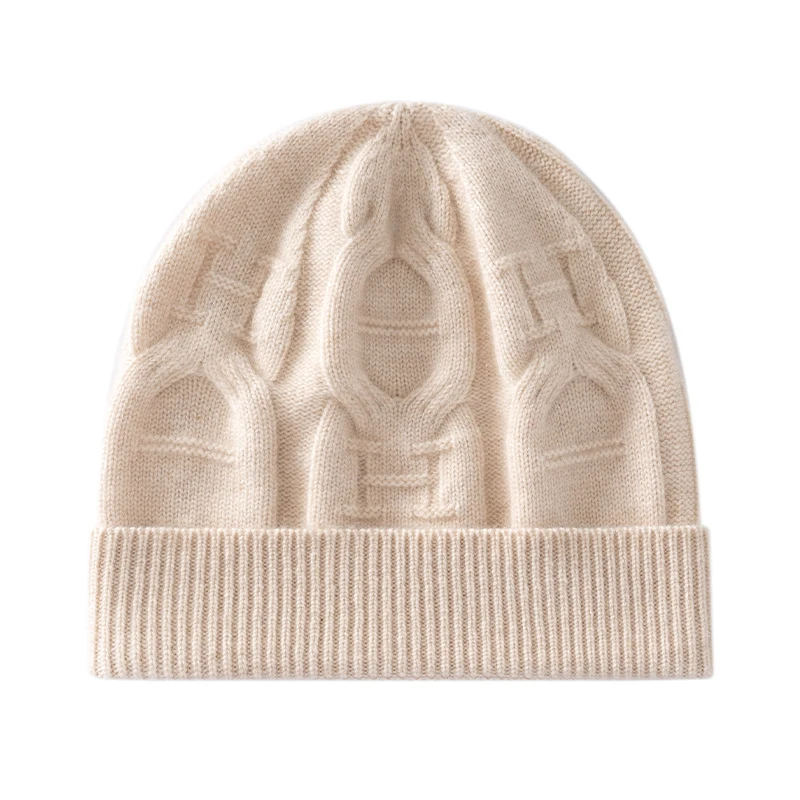 

FASARTWS High Quality 100% Cashmere Knitted Hat Women Casual Beanie Hats Thick Warm Cap Winter Outdoor Solid Jacquard Cap Unisex