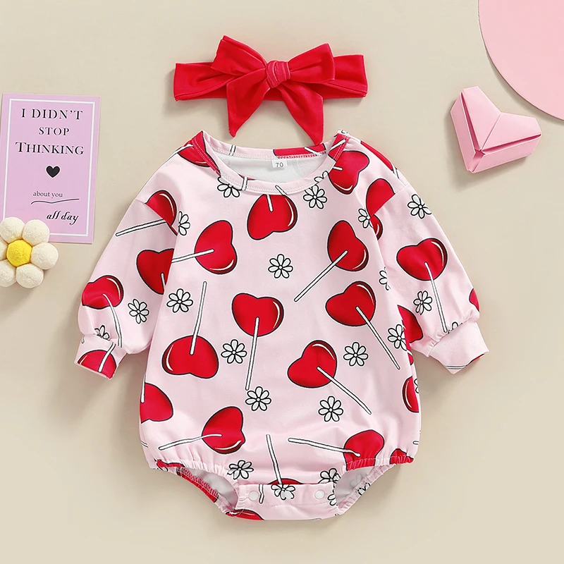 

2022-12-08 Lioraitiin 0-24M Baby Girls Bodysuit Set Long Sleeve Crew Neck Heart Flower Print Romper with Hairband Valentines