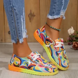 Women Ethnic Rainbow Canvas Shoes Autumn New Casual Daily Ladies Flat Shoes Round Toe Multi-Color Print Lace-up Sneakers