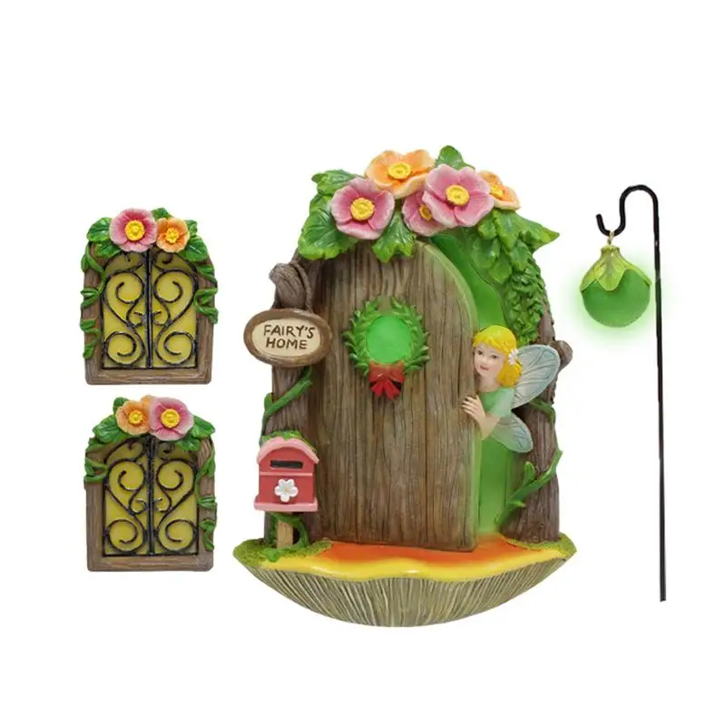 Miniature Fairy Garden Door Miniature Window Sculpture With Lantern For Trees Resin Glow In Dark Gnome House Fairy Doors For Kid