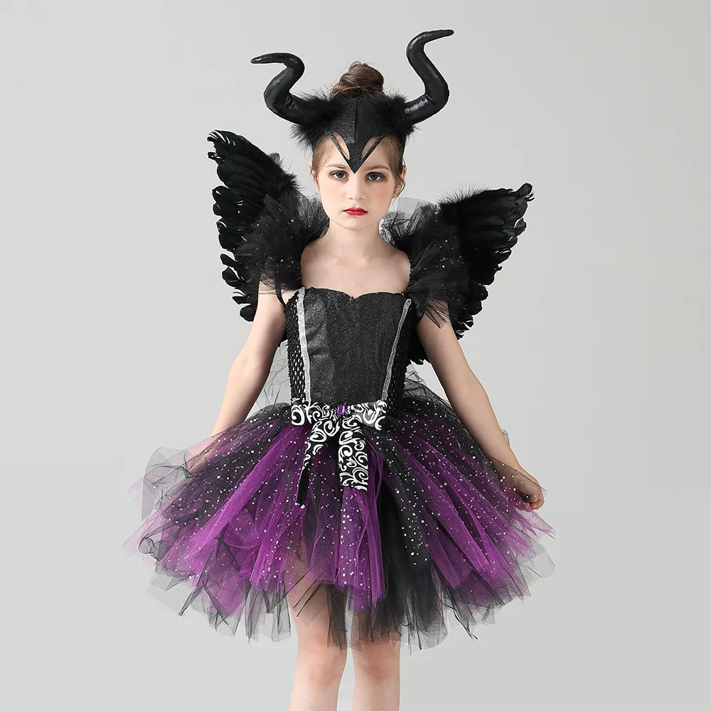 Halloween Children Cosplay Witch Costume Sleeping Curse Tulle Evil Queen Purple Dress Girl Princess Dresses Sets Party Clothes