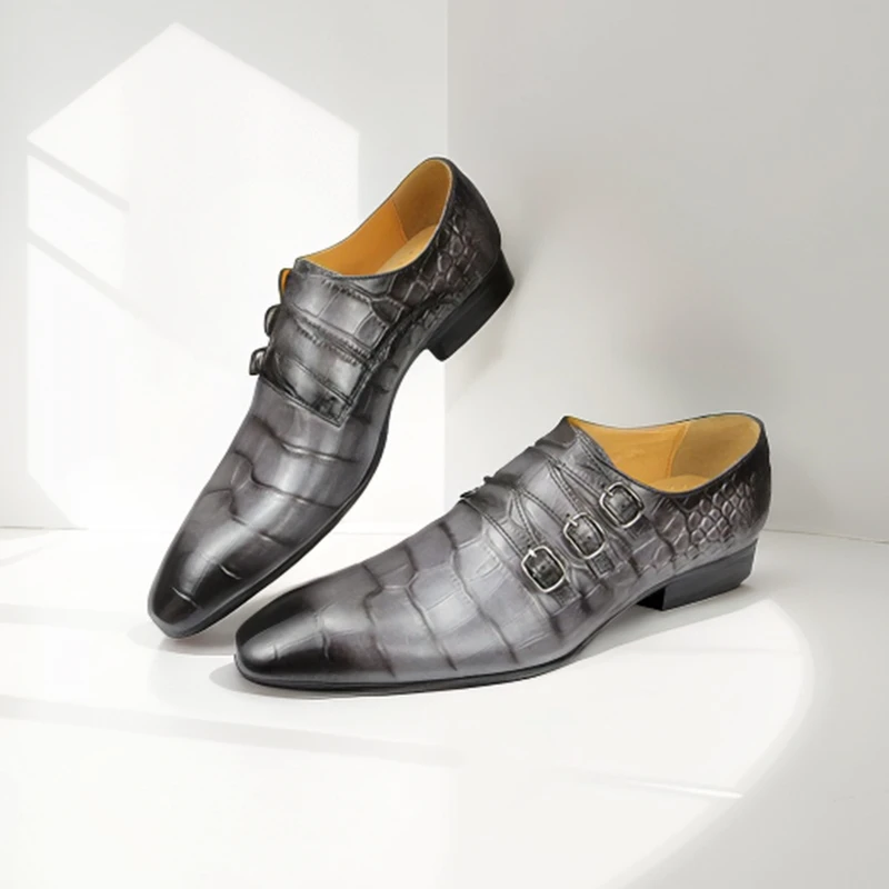 

Monk Shoes Men Cow Leather Footwear Slip-Ons Luxury Alligator Pattern Pointed Toe Buckle Straps Men Business Dress Shoes