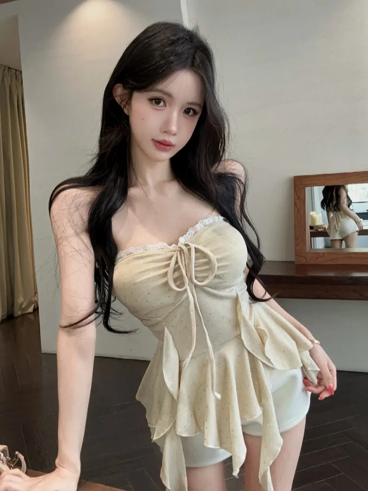 

Pure Desire Sexy Lace Splice Hanging Neck Tube Top Women's Summer New Irregular Hem Blouse Korean Style Standard Version