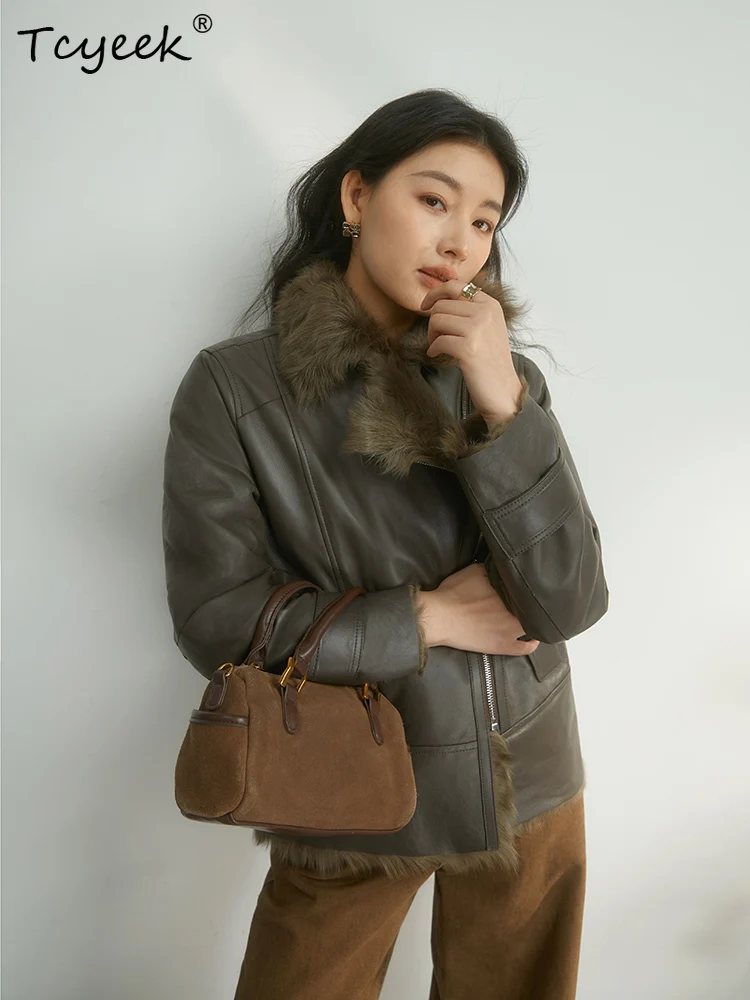 Tcyeek Prawdziwa Wełna Jesień Zima Elegancki Modny Jednolity Kolor Płaszcz Damski Średniej Długości z Wełny Jagnięcej Futro Shearling Fourrures Femme