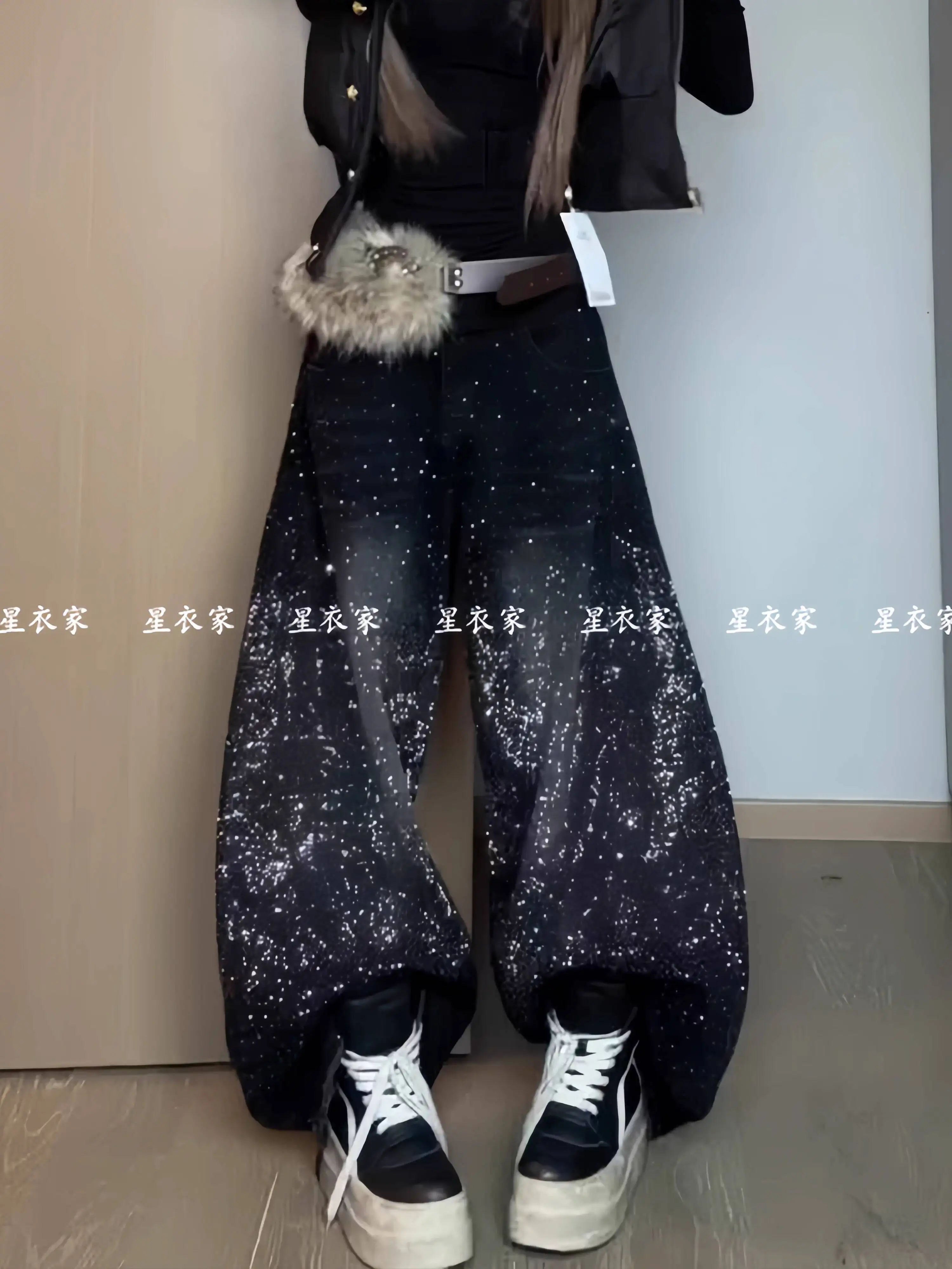 

Women Jeans 2026 Spring American Vintage Rhinestone Denim Pants Women Loose BF Style Floor Length Trousers Wide Leg Pants