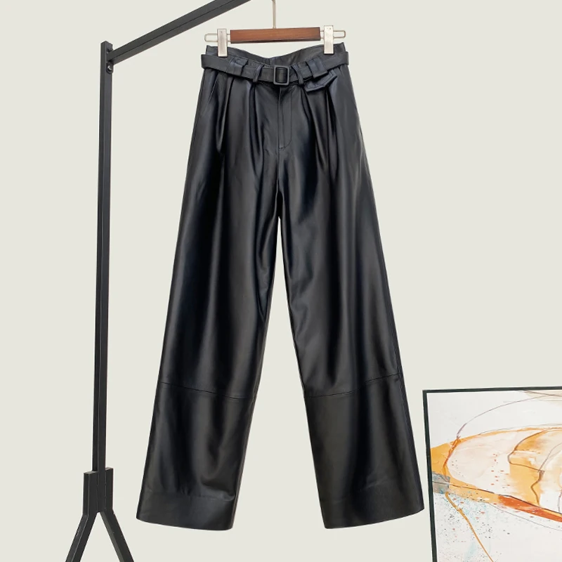 

2025 New Genuine Leather Trousers for Women High Waist Lace-up Belt Loose Long Pants Chic Ladies Straight Sheepskin Trousers