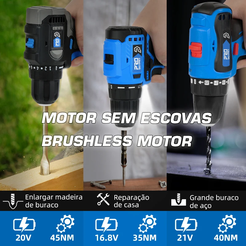 Brushless Electric Drill Cordless Screwdriver 16.8V/21V/20V, 35/40/45 Nm Li-ion Battery Power Driver  By PROSTORMER