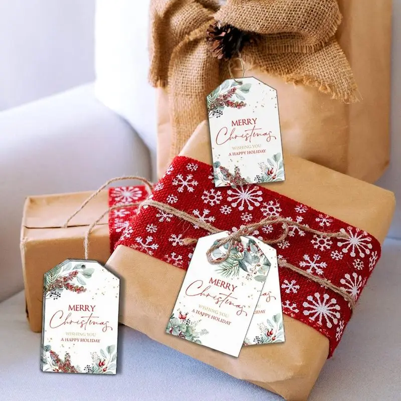 50pcs Christmas gift tags with string,Christmas Tree Christmas Holiday Hanging Tags Watercolor Plant Wishing Tags