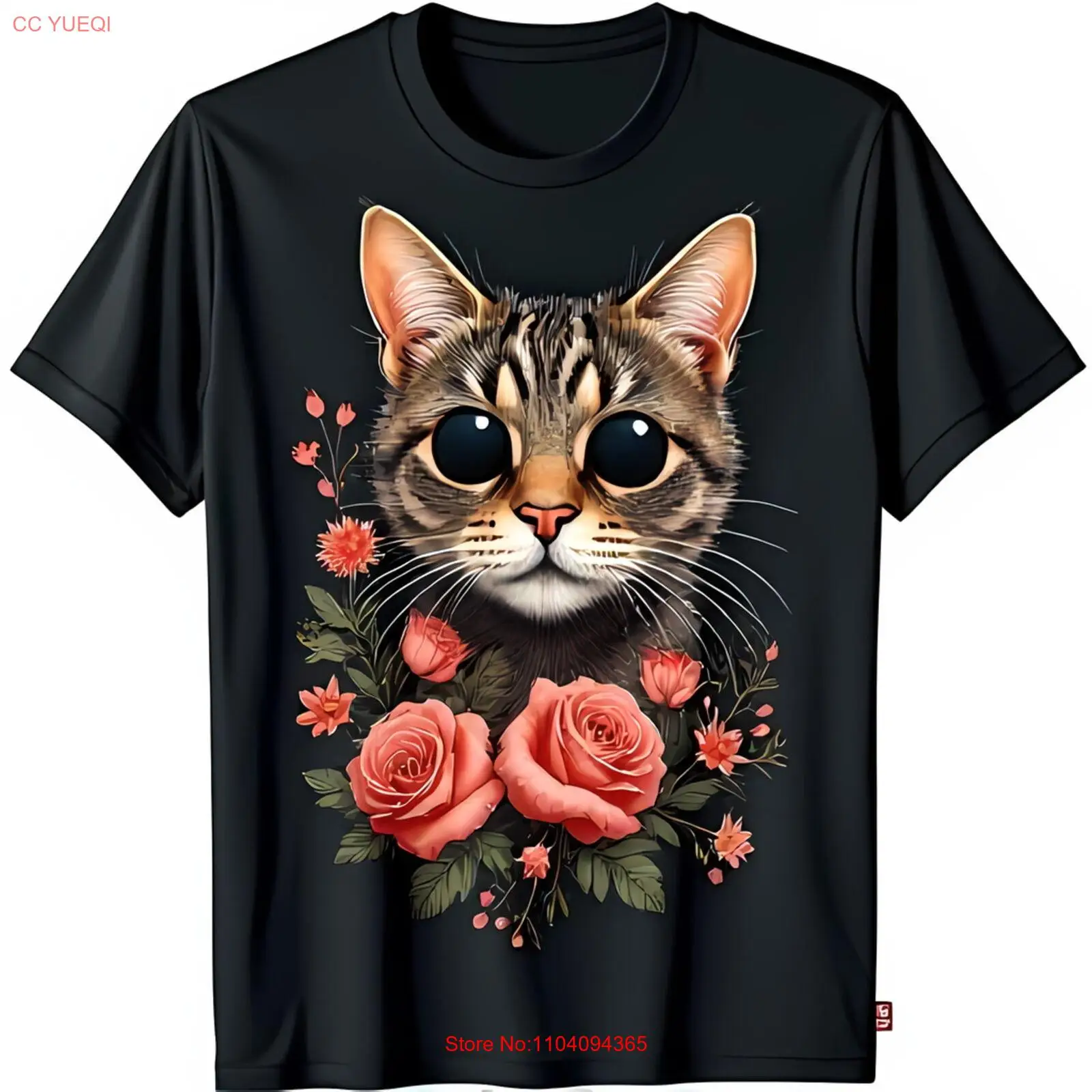 

Очаровательная черная футболка с рисунком кота и розовыми розами Expressive Design