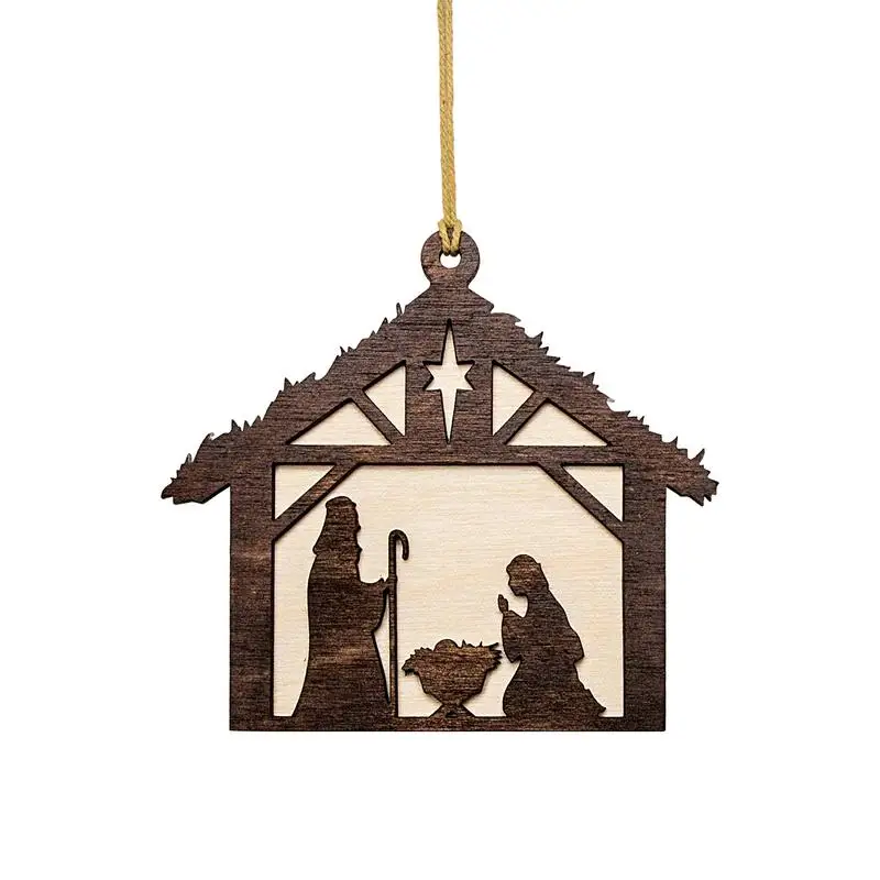 Religious Christmas Ornaments Nativity Scene Wooden Ornaments House Design Christian Christmas Pendant Wooden For Family Friends