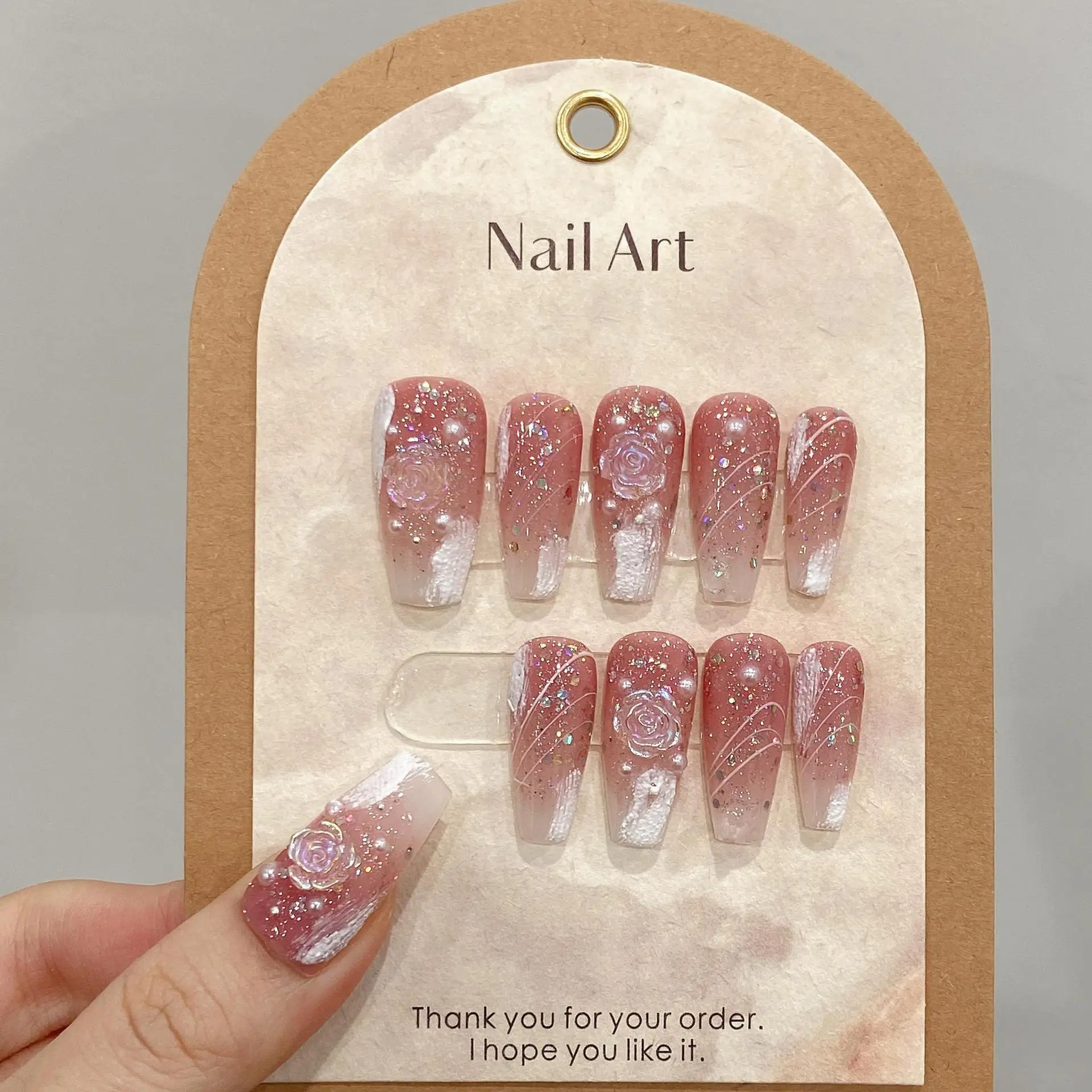 Handmade French Pink Press on Nails 3D White Rose Flower Fake Nails False Nails Patches Ballerina Nail Art Decorations Tips