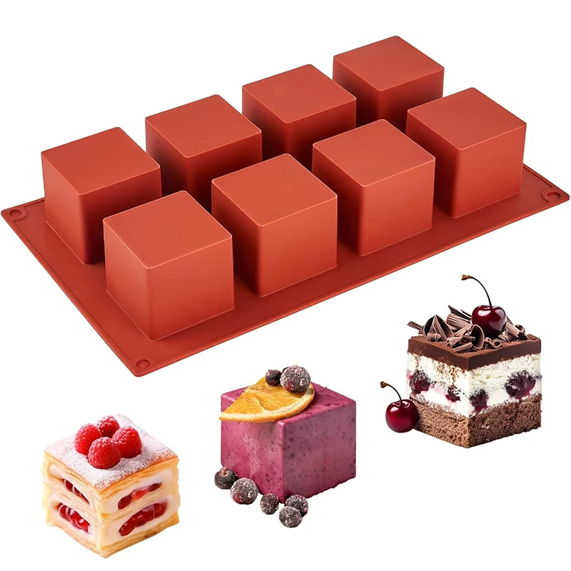 

LMETJMA 8 Cavity Cube Cake Mold 3D Square Mousse Cake Baking Mold Silicone French Dessert Mold for Chocolate Brownie Bites JT353