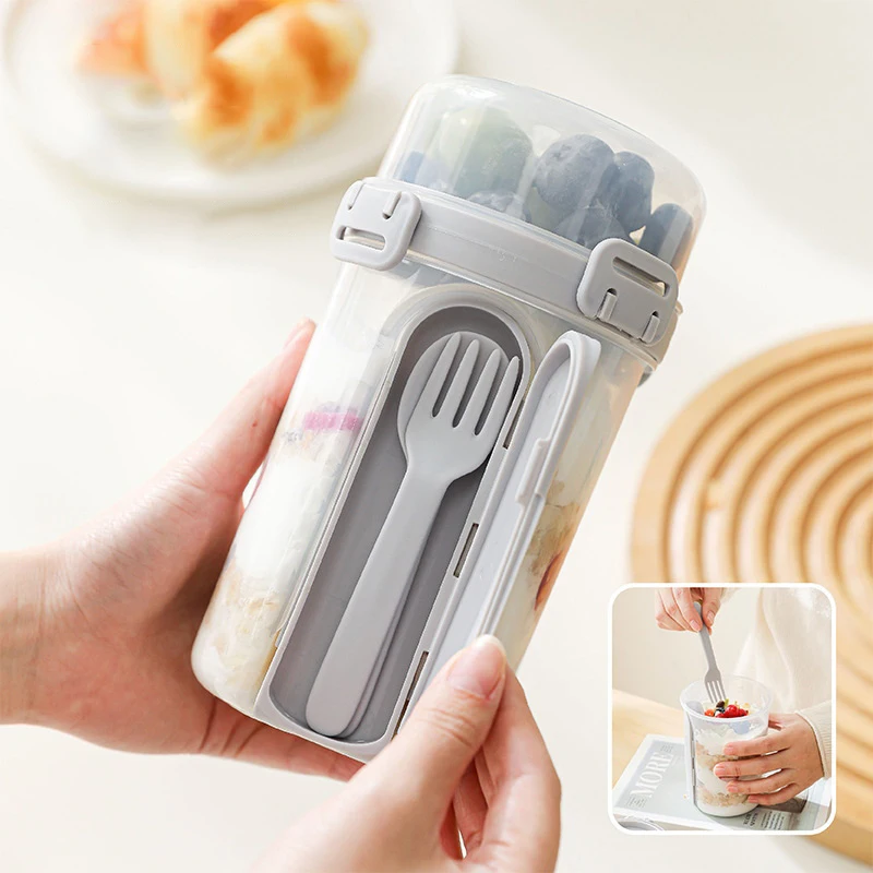 600ML Portable Salad Oatmeal Cup Breakfast Double Cup Cereal Nut Yogurt Container Set With Dressing Holder Fork Meal Preparation