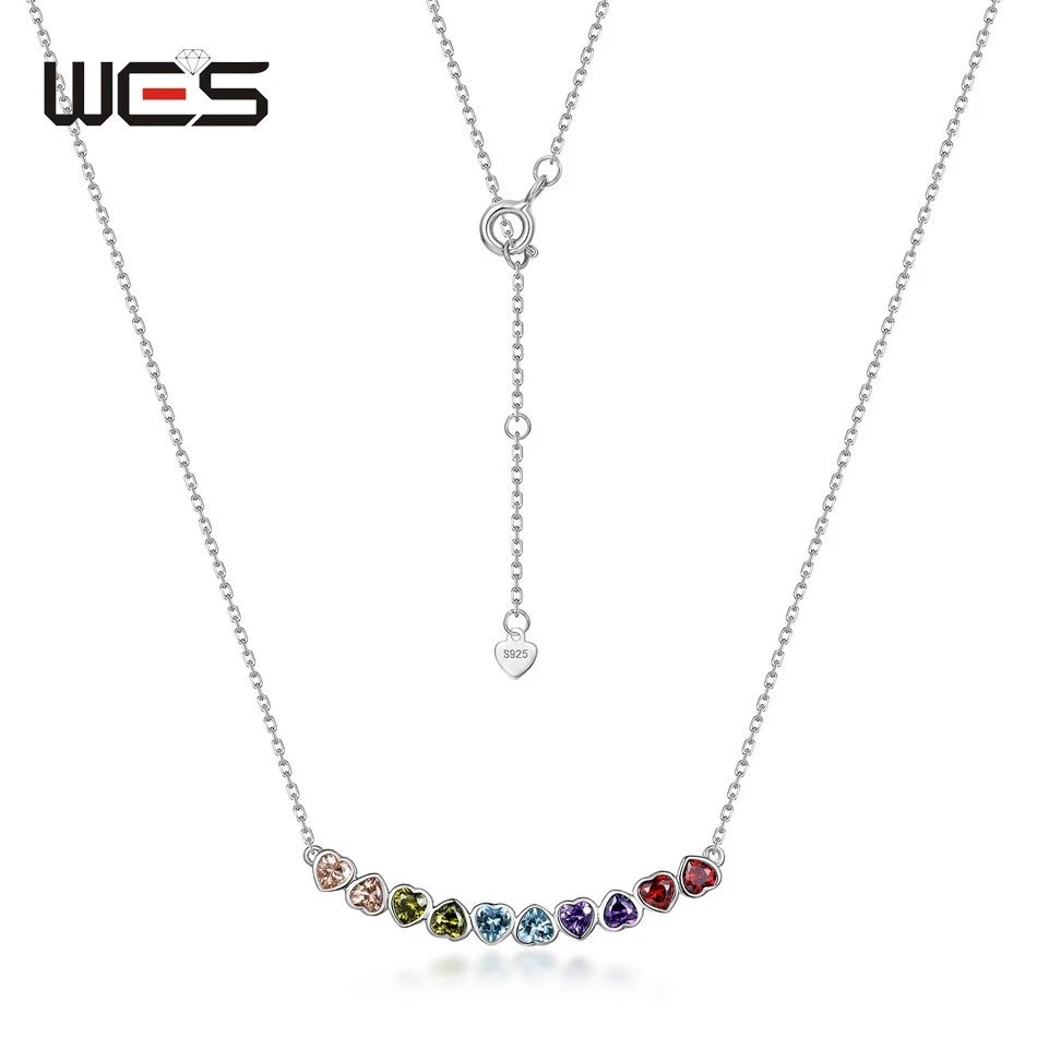 WES 925 Sterling Silver Necklace for Woman Lovely Heart Valentine's Day Gift Colorful Rainbow CZ Zicron Wholesale Jewelry