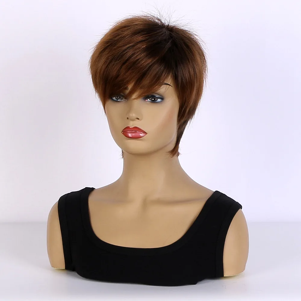 HANROU Women Short Brown Wig Synthetic Straight Natural Fluffy Pixie Cut  Hair Wig for Daily Party Cosplay