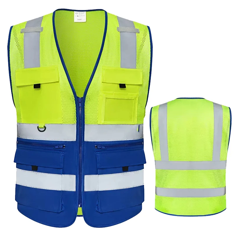 Hi Vis Vest Two Tone Reflective Safety Mesh Vest Worker Zipper Front High Visibility Working Vest Men Workwear with Multi Pocket