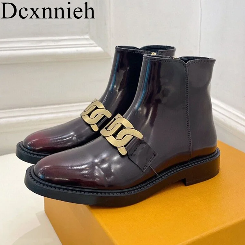 

Flat Thick Bottom Riding Boots Women Real Leather Metal Chain Decor Zipper Design Ankle Botas Autumn Winter Work Short Boots