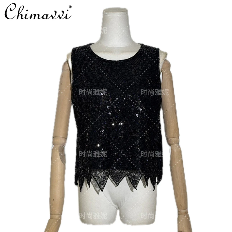 ファッションパール光沢のあるスリムスキニーベスト女性の 2025 夏服新重工業多用途スパンコールビーズサスペンダータンクトップ