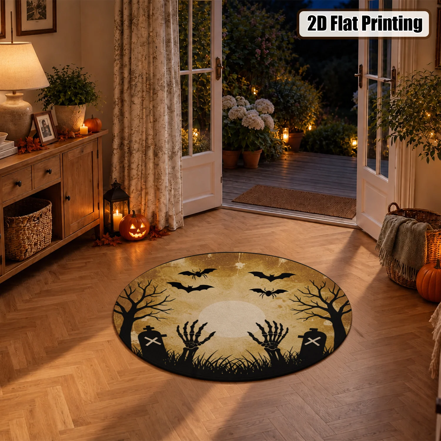 Halloween Spooky Skeleton Bat Graveyard Pattern Round Velvet Rug, Machine Washable Soft Floor Mat for Living Room Bedroom Entryway Dining Area, Perfect for Halloween Thanksgiving Black Friday Christmas New Year Home Decor