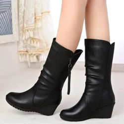 2024 Autumn Winter Anti Slip Slope Heel Women Dance Casual Mid Tube Boot Warm Snow Boot English Chelsea Boot Large Women Shoe