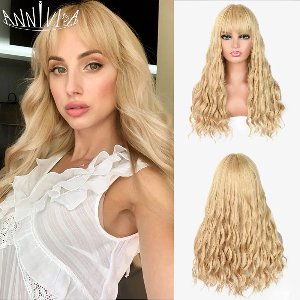 Long Wavy Natural Blonde Synthetic Wigs with Bangs For Women Body Wave Dark Brown Wigs Cosplay Daily Hair Heat Resistant